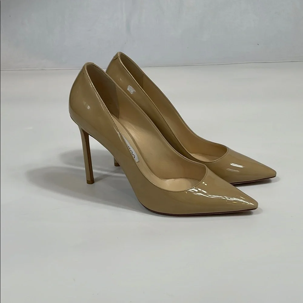 Jimmy Choo Stiletto Heels Nude Patent Leather 39.5 Made In Italy EUC